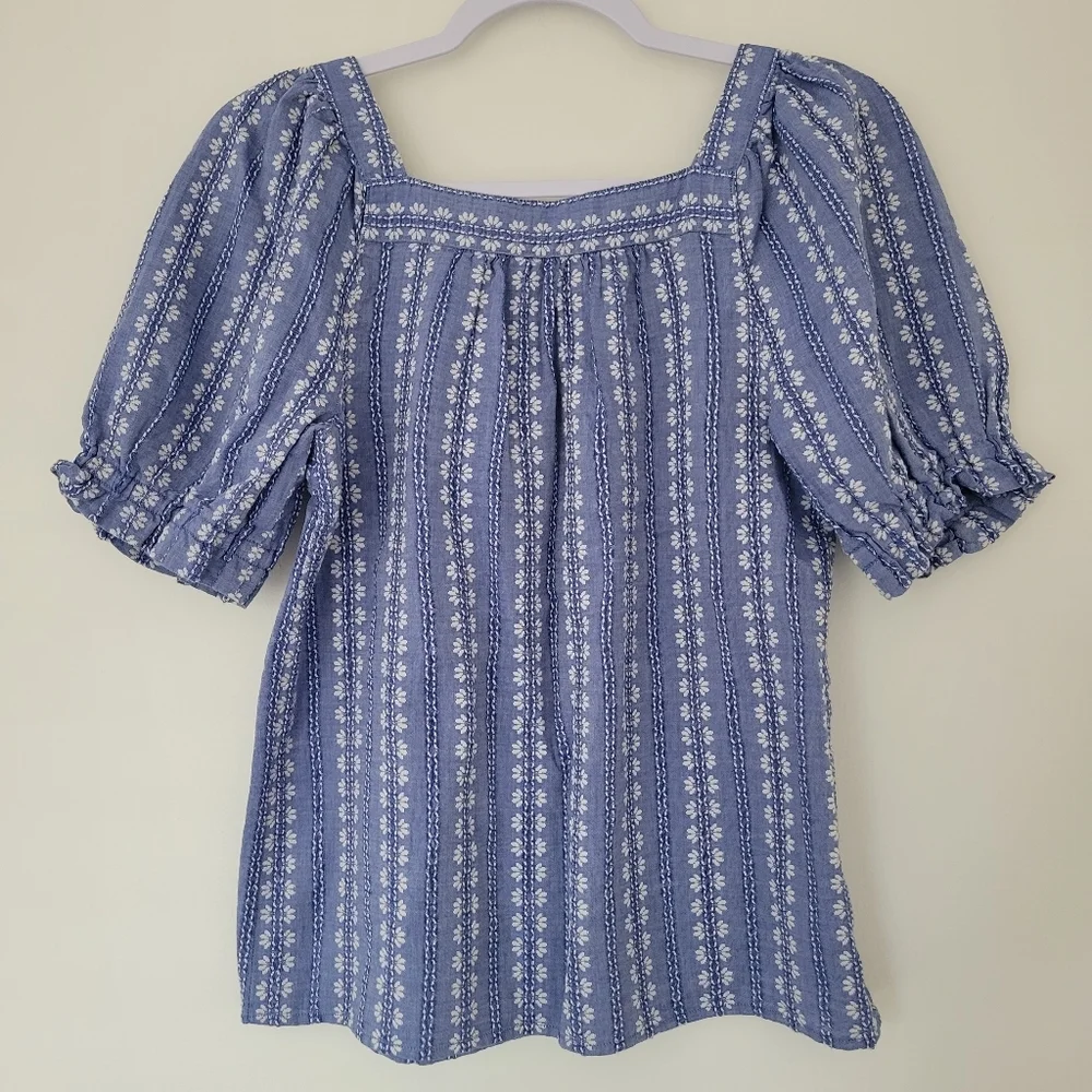 Loft Floral Stitch Square Neck Puff Sleeve Feminine Boho‎ Blouse XS
